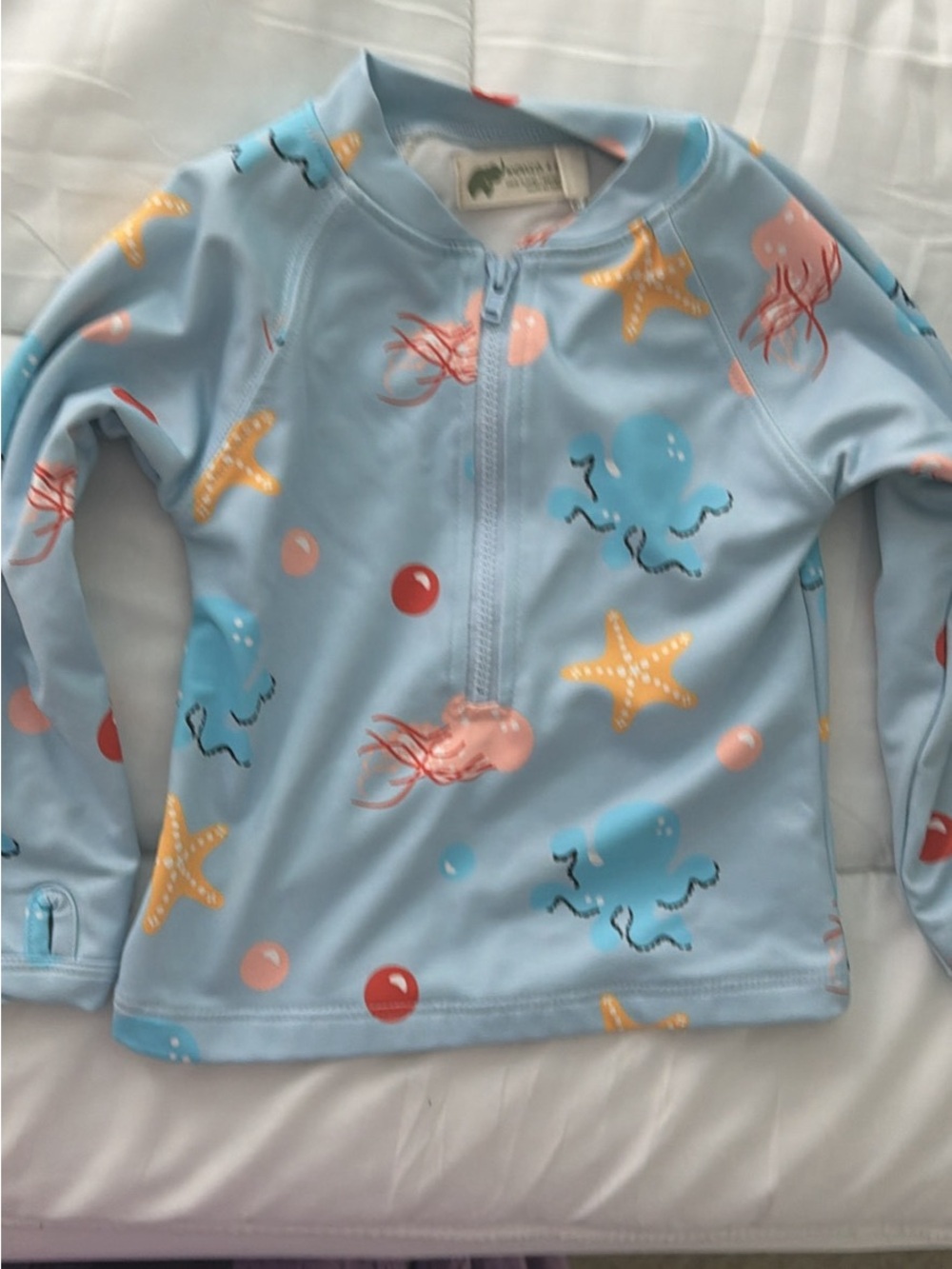 Light Blue Long-Sleeve Kids Rashguard with Ocean Creatures - Zip Front 9-12 mo